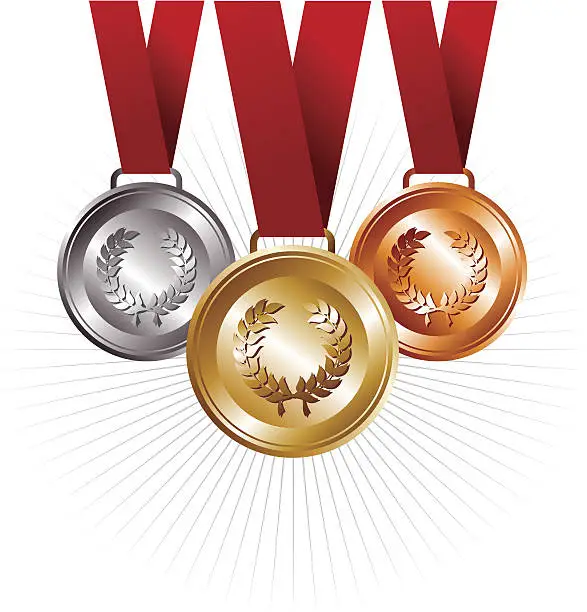 Vector illustration of Gold, silver and bronze medals with ribbon