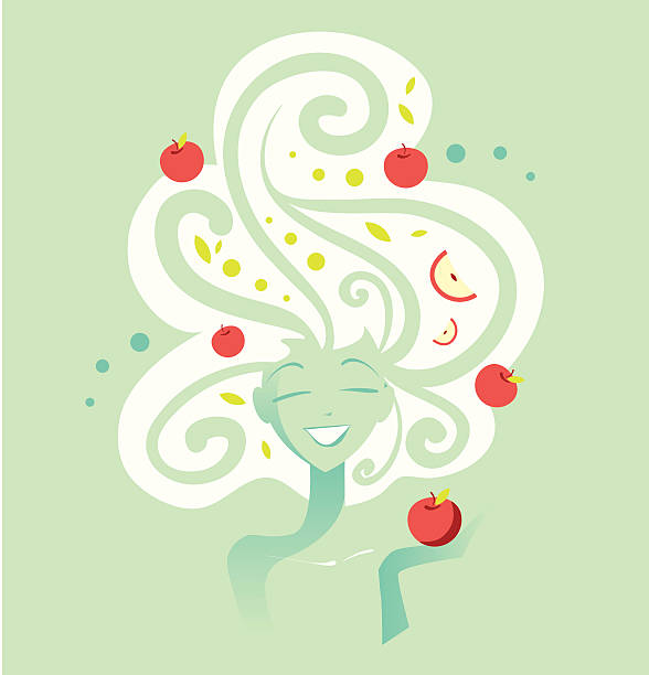 Beautiful Woman With Red Apples On Hair Vector of a Beautiful woman with red apple son hair green apple on green background stock illustrations