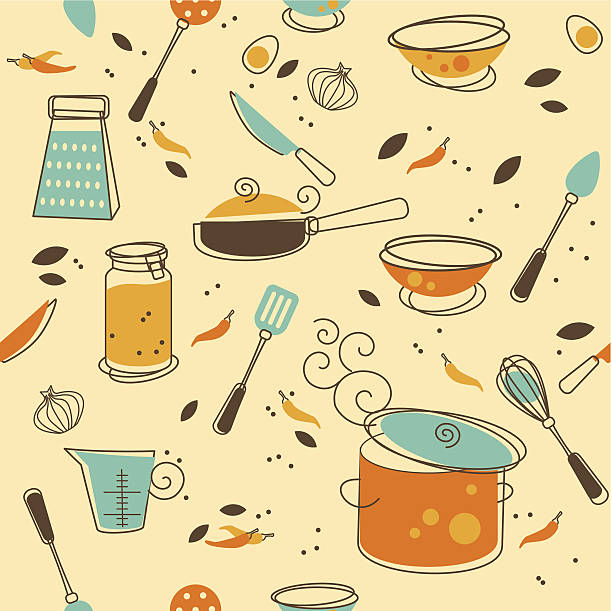 Kitchen Utensil Seamless Pattern of Kitchen utensil in Retro-Styled cooking patterns stock illustrations