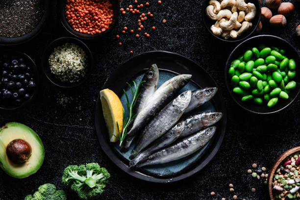 Wide variety of Omega 3 rich food items on table