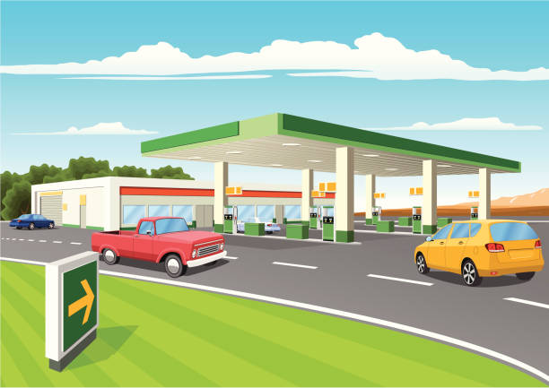 illustrations, cliparts, dessins animés et icônes de moderne station de ravitaillement - gas station service red yellow