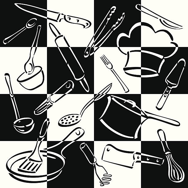 Kitchen Tools Checkerboard Vector illustration of cooking and eating utensils and equipment on a bold checkerboard background. File contains compound paths. clip art of a potato masher stock illustrations