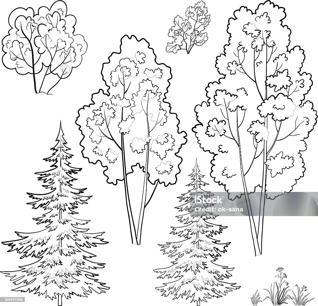 Plants, set, outline "Plants: trees and flowers, monochrome contours on a white background. Vector" Black And White stock vector