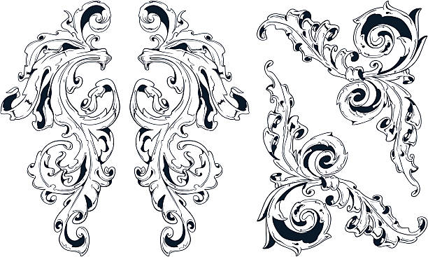 set of heraldic flourish рисунком - corner swirl illustration and painting classical style stock illustrations