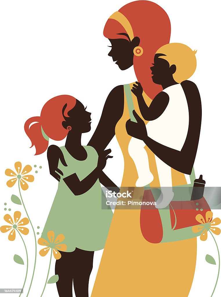 Beautiful mother silhouette with her children Card of Happy Mother's Day Adult stock vector