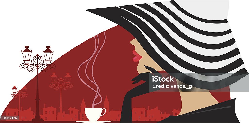 Stylish woman in a big hat at cafe Vector illustration of a woman in a big striped hat at cafe, old town in background Women stock vector