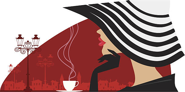 Stylish woman in a big hat at cafe Vector illustration of a woman in a big striped hat at cafe, old town in background paris fashion stock illustrations