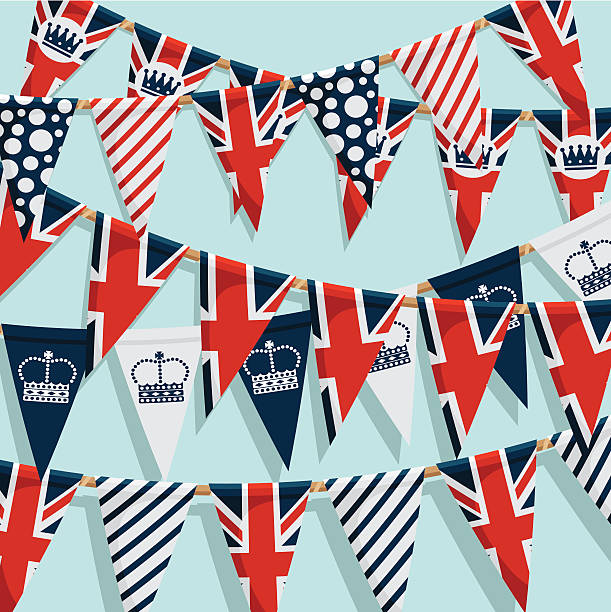 uk bunting background "united kingdom party bunting background with clipping path, created in illustrator cs3" british culture stock illustrations