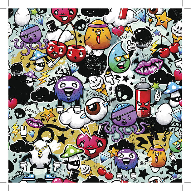 Graffiti seamless texture Graffiti seamless texture with bizarre elements and characters. Vector EPS 10 illustration. Fully editable. Clip mask used. Transparency used. cool graffiti characters stock illustrations