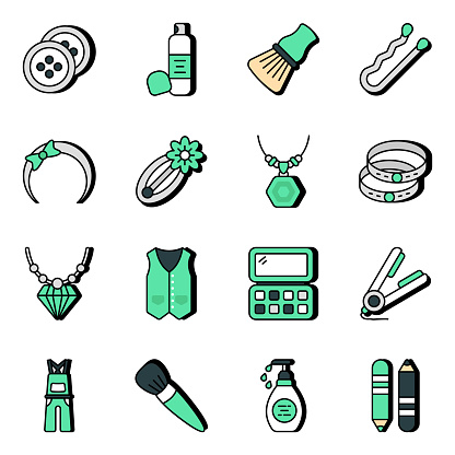 Presenting a lovely icon pack featuring fashion and grooming products. This icon pack has some really creative elements of fashion. This pack will lend itself well to all beauty, clothing, fashion and style themed design projects.