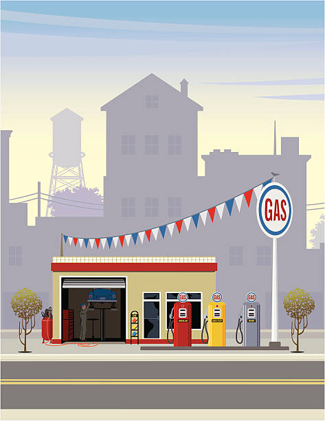 ilustraciones, imágenes clip art, dibujos animados e iconos de stock de estación de gas - small town illustrations