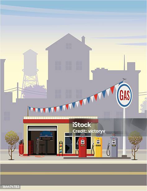 Ilustración de Estación De Gas y más Vectores Libres de Derechos de Gasolinera - Gasolinera, Vector, Ciudad pequeña estadounidense