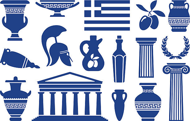 Symbols of Greece Traditional symbols of Greece. Monochrome icons classical greek stock illustrations