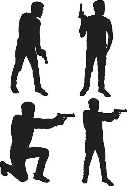 Vector illustration of Silhouette of a man with a gun in four poses