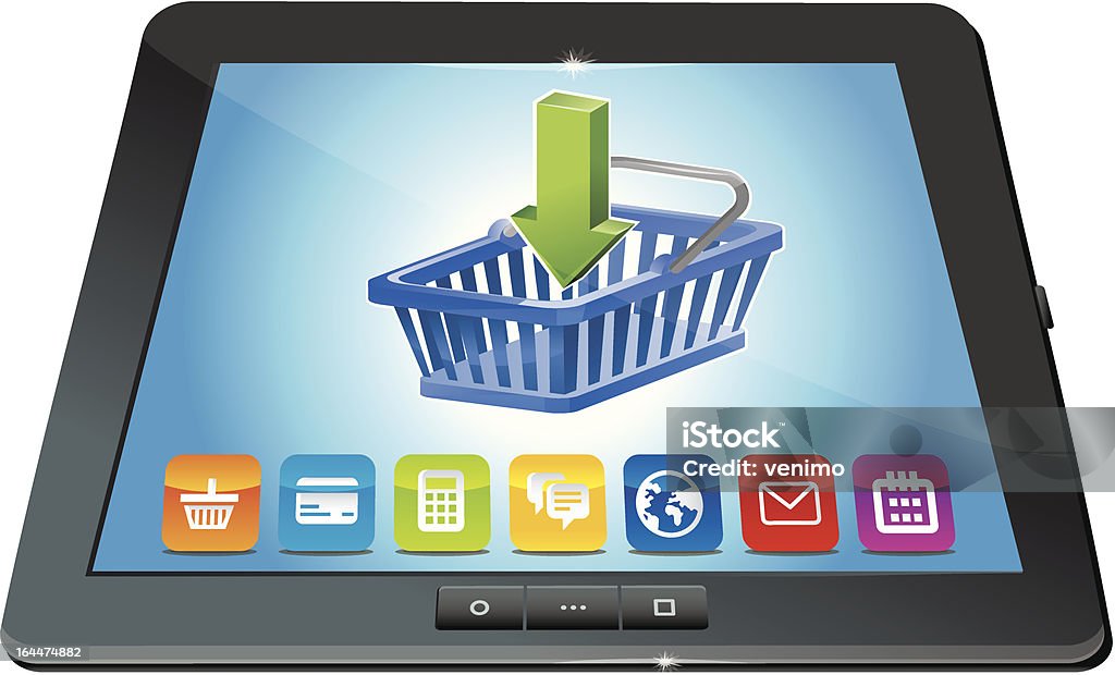 Vettore tablet pc con icona di carrello dello shopping-concetto di e-commerce - arte vettoriale royalty-free di Affari
