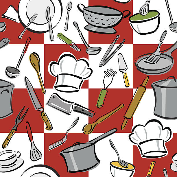 Kitchen Tools Check Seamless pattern of everyday utensils used for cooking and eating on a red-and-white checkered background. Elements are grouped for easy editing. clip art of a potato masher stock illustrations