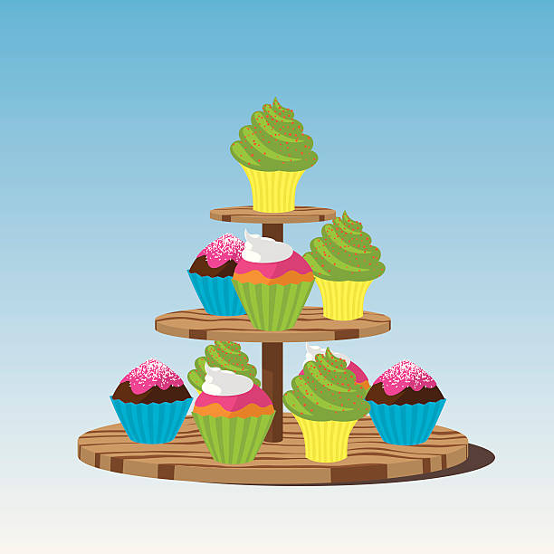 Cupcake stand with 3 types of cupcakes Vector illustration of a cupcake stand with 3 types of cupcakes. clotted cream stock illustrations