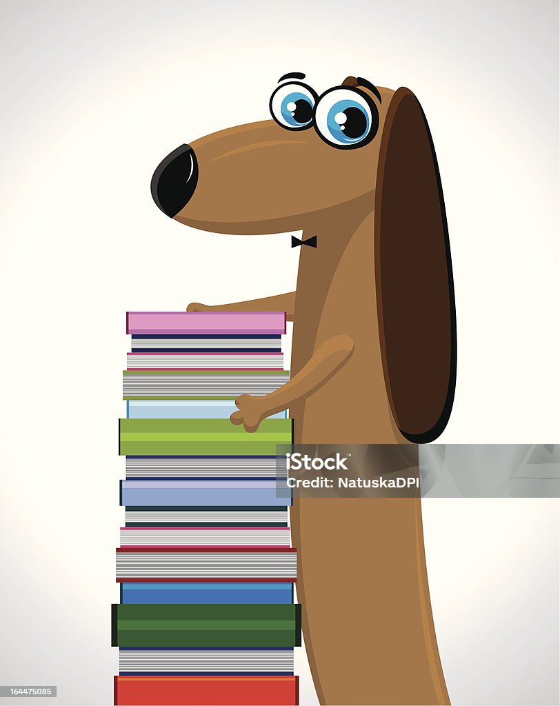 Funny cartoon dachshund dog Cartoon funny dachshund with colored books on a gray background Animal stock vector