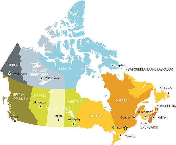 Canada map of provinces and territories Detailed map of administrative divisions of Canada; british columbia map cartography canada stock illustrations