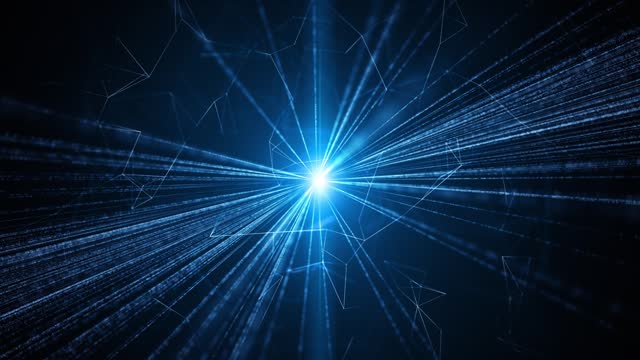 Artistic optical fibers animation with computer data travel on dark blue background.