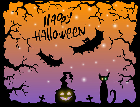 Happy Halloween card - frame from scary trees, pumpkin in witch hat, bat, cat on night orange background. Spooky banner. Vector illustration. Flyer or invitation template for Halloween party.
