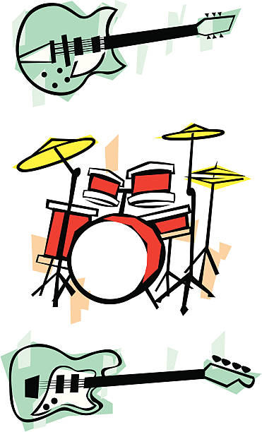 ilustraciones, imágenes clip art, dibujos animados e iconos de stock de banda de música moderna - baterias musicales