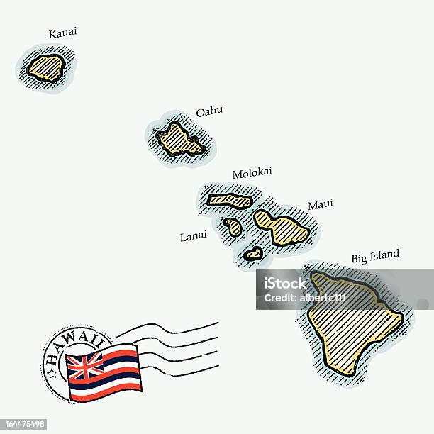 Ilustración de Crosshatch Mapa De Hawai y más Vectores Libres de Derechos de Kauai - Kauai, Sello postal, Bandera