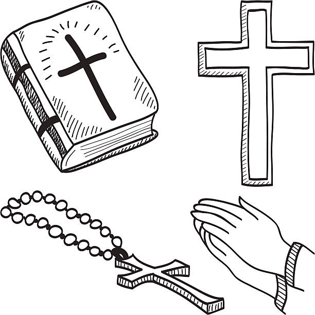 Christian hand-drawn symbols illustration "Christian hand-drawn symbols illustration - cross, bible, hands, rosary" christian fish clip art stock illustrations