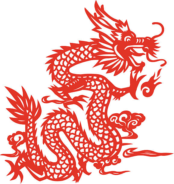 ilustraciones, imágenes clip art, dibujos animados e iconos de stock de dragón chino tradicional de corte de papel-arte - traditional culture dragon old asian culture