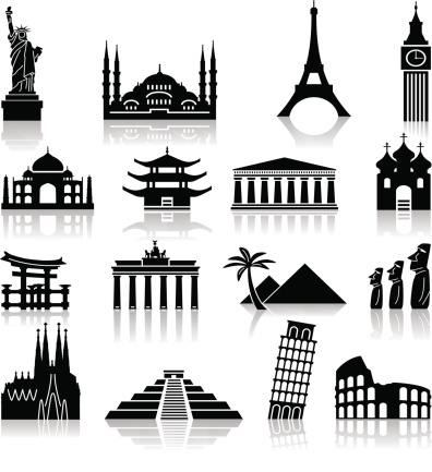 set of icons on the topic of travel and recreation. famous international landmarks.