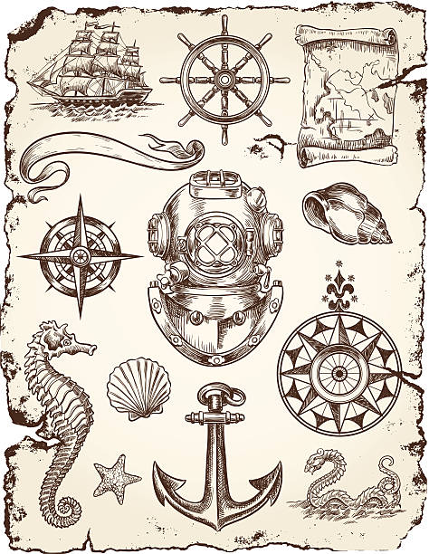 ilustraciones, imágenes clip art, dibujos animados e iconos de stock de conjunto de ilustración de vectores náutica - casco parte del barco