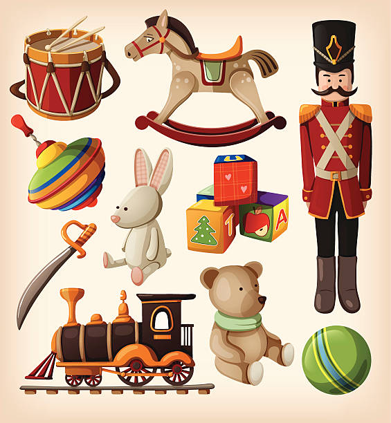 ilustrações, clipart, desenhos animados e ícones de conjunto de vintage colorido natal brinquedos para crianças. - brinquedos