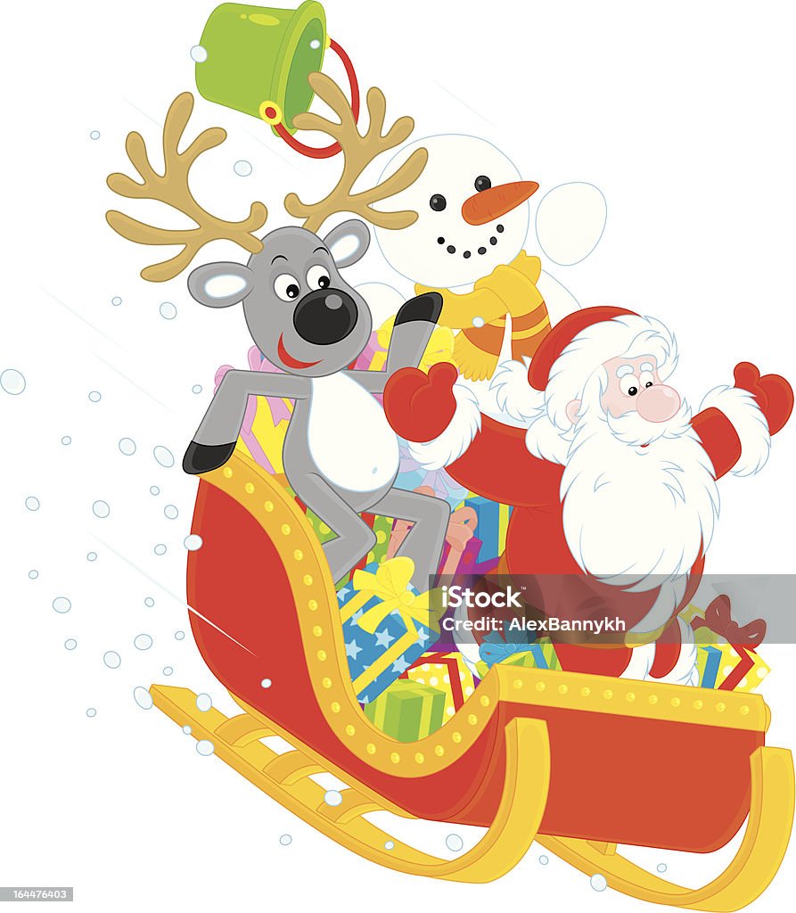 Santa, Rena e Boneco de neve em um Trenó - Royalty-free Andar de tobogã arte vetorial