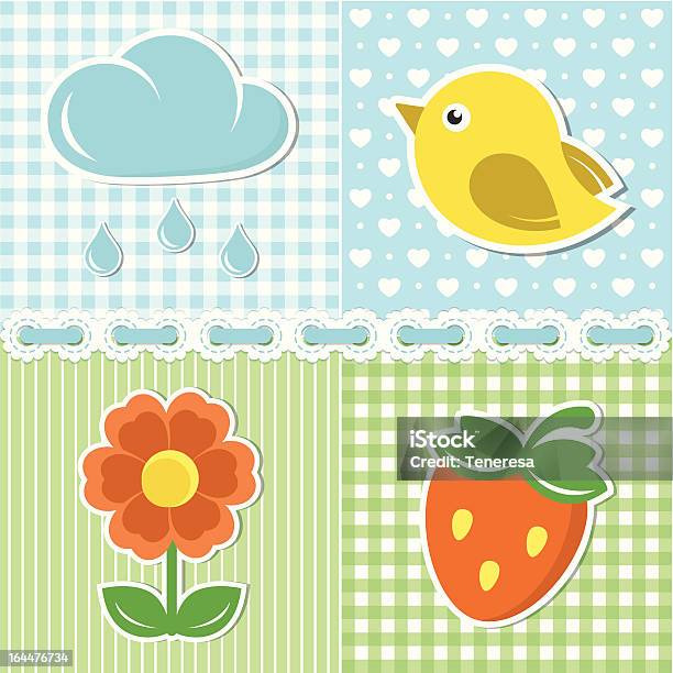 Icone Di Estate Con Fiori Fragola Cloud E Uccelli - Immagini vettoriali stock e altre immagini di A quadri