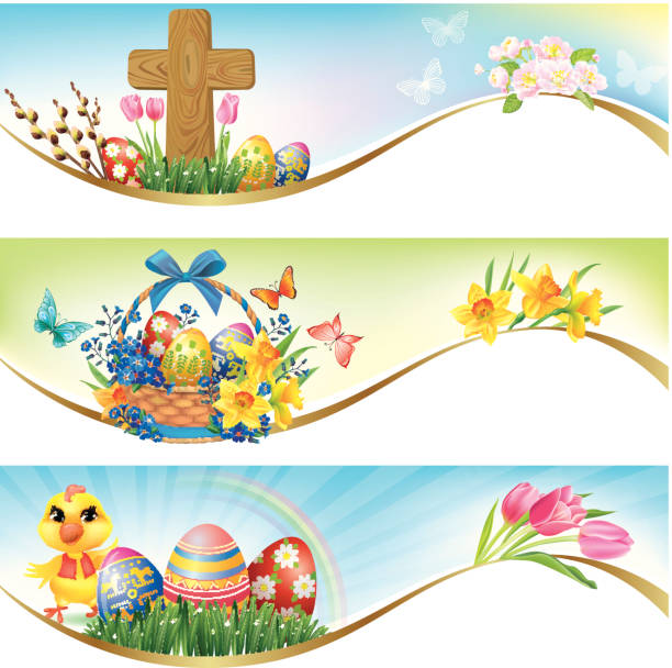 wielkanoc banery poziome - easter bunny celebration christianity inflorescence stock illustrations