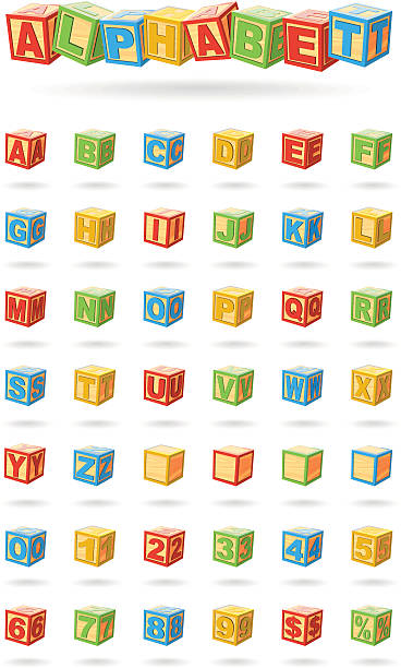 알파벳 아기에게 큐브 - alphabet text wood white background stock illustrations