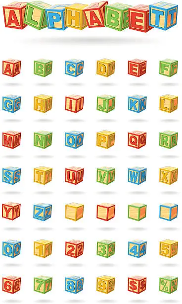 Vector illustration of alphabet on a baby cubes