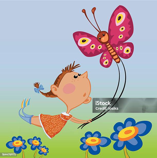 Ilustración de Ilustración Chica Con Mariposa y más Vectores Libres de Derechos de Azul - Azul, Belleza de la naturaleza, Colorido