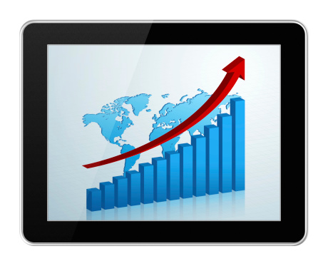 Digital Tablet PC (Clipping path: screen & contour) with data chart isolated on white background