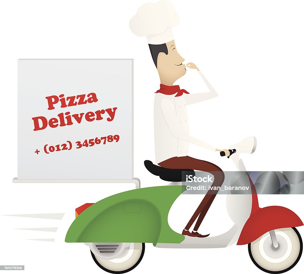 Funny chef que ofrece pizza en un ciclomotor - arte vectorial de Italia libre de derechos