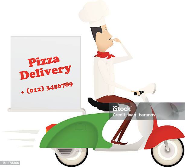 Engraçado Chef Pizza Entrega Em Uma Bicicleta Motorizada - Arte vetorial de stock e mais imagens de Itália