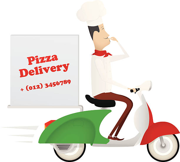 забавный шеф-повар предлагает п�иццы на мопед - pizza pizza box cartoon take out food stock illustrations