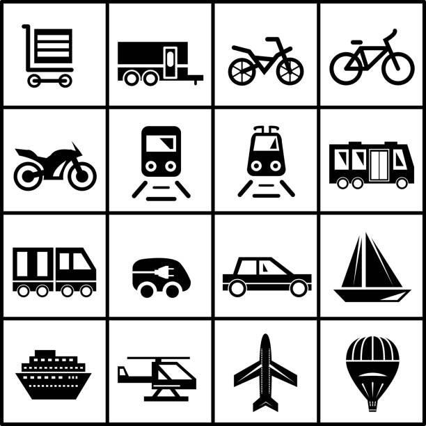 ilustraciones, imágenes clip art, dibujos animados e iconos de stock de vector iconos medios de transporte - silhouette bus symbol motor scooter