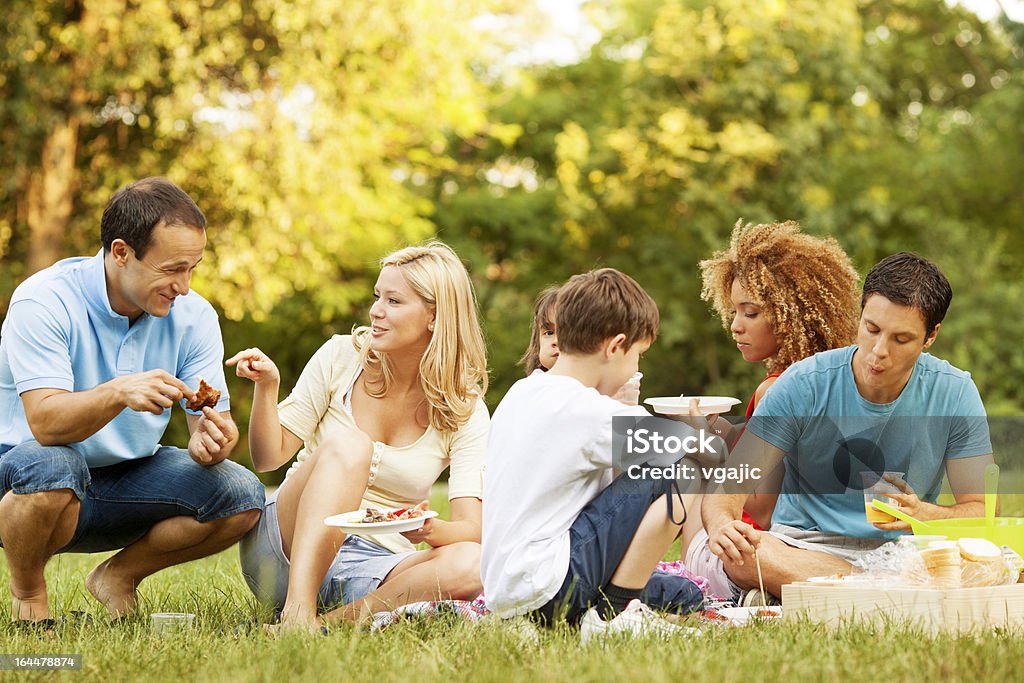 Families enjoying eating at picnic. Two families with children, sitting on grass and enjoy barbecue meal outdoors in nature. Picnic Stock Photo