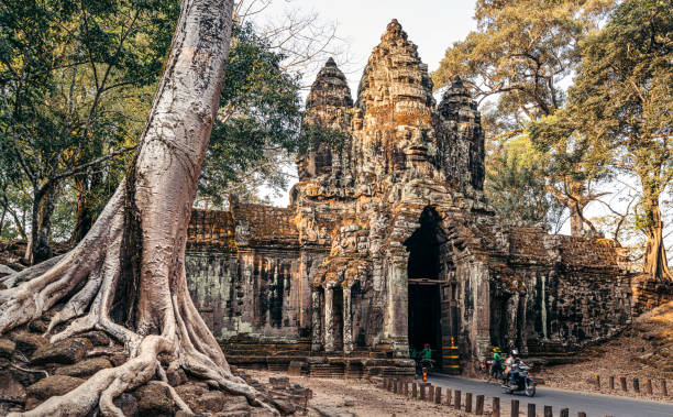 straße, die durch das nordtor von angkor thom, kambodscha führt - angkor wat prehistoric art apsara angkor stock-fotos und bilder