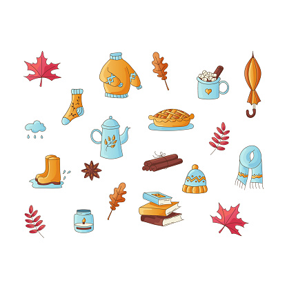 Set of autumn season elements. Fall collection: maple leaf, rubber boots, sweater, hot chocolate and pie, candle and other. Color vector illustration.
