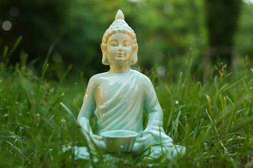 Decorative Buddha statue in green grass outdoors