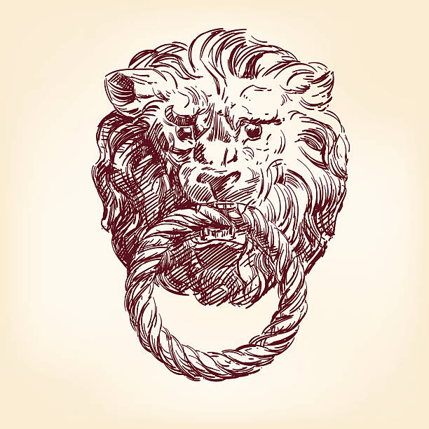 ancient door handle ancient door handle  hand drawn vector llustration isolated lions head mountain stock illustrations