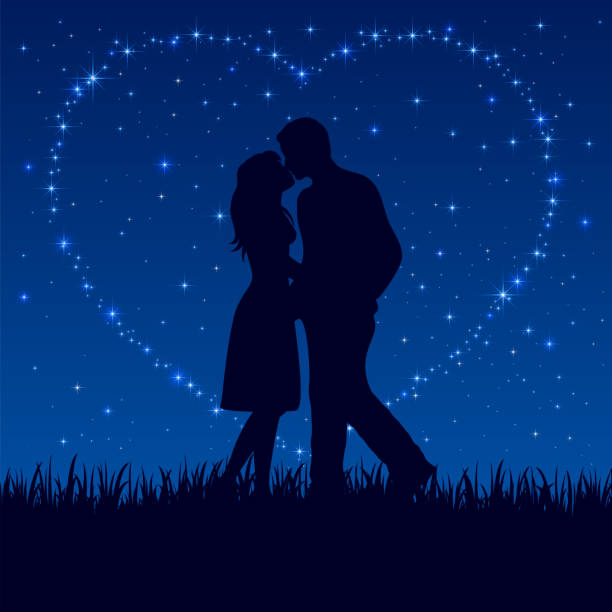 Two enamored "Two enamored on the night sky with shining stars, illustration." glow in the dark hearts background stock illustrations
