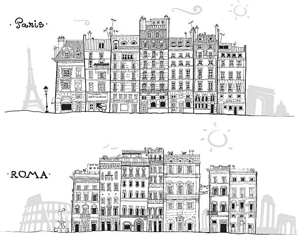 Paris et Rome abrite croquis avec des sites de voyage en toile de fond - Illustration vectorielle